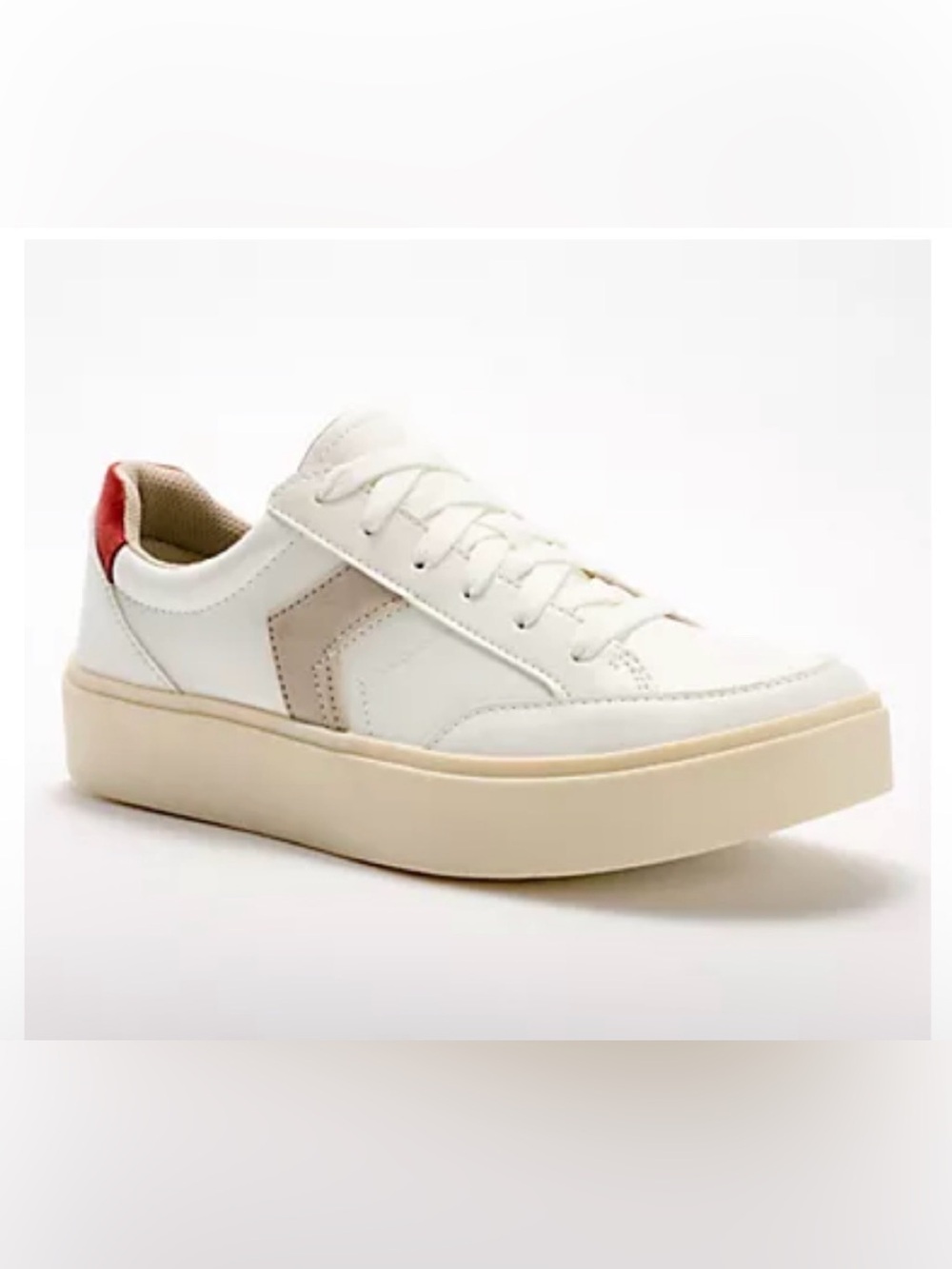 Dr. Scholl's White Leather Low-Top Sneakers with Tan Accents and Red Heel